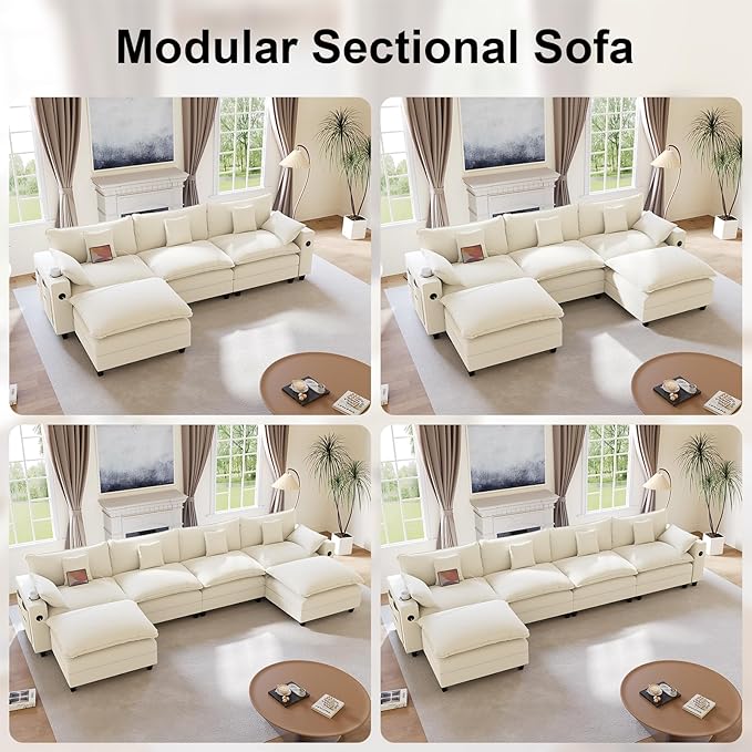 KCGKCG 116" Modular Sectional Sofa, L Shaped Cloud Couch with Movable Ottoman, Chenille Deep Seat Cloud Sofa with Charging Station, Cup Holder, Side Pocket, Sectional Couches for Living Room, Beige