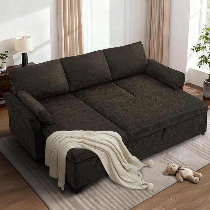 ACMEASE 83 Inches Fabric Sectional Sofa with Pull Out Sofa Bed, Modern L Shaped Sofa with Throw Pillows, Comfortable Sleeper Couch with Storage Chaise for Living Room, Brown