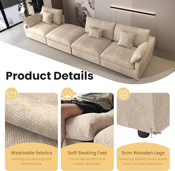 Cloud Modular Sectional Sofa with Ottoman,192" Sectional Sofa Bed Sleeper Couch for Living Room,Convertible Couch Deep Seat 9 Seater for Office Apartment,Covers Washable&Replaceable,Khaki
