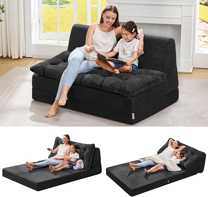 Hobestluk Sofa Couch Folding Sofa Bed Sleeper Comfy Floor Lounger Loveseat Sofa with Removable Cushion Couches Foldable Mattress for Living Room Bedroom or Office (Cordury Black, Oversize)