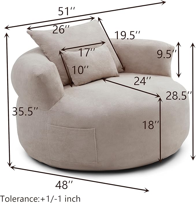 Round Boneless Cotton Linen Bean Bag Chair with Side Pocket - Compressed No Assembly Barrel Chaise Lounge, Soft Floor Sofa for Living Room & Bedroom (Khaki)