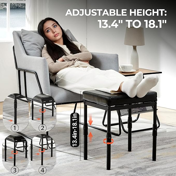 Adjustable Ottoman Pouf, 4 Height Position & 60 Degree Tilt Angle Synthetic Leather Ottomans Foot Stools Stool Pouffe FootStool Under Desk for Living Room Home Office(Black Synthetic Leather)