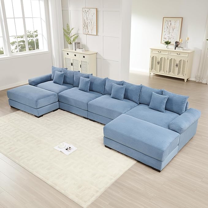 KEIKI 168" U-Shaped Oversized Corduroy Modular Cloud Sectional Sofa with 2 Ottoman, High-Density Foam Cushion, Extra-Thick Armrest, 4-Seater Fluffy Corner Couch with 12 Pillow, for Living Room, Blue
