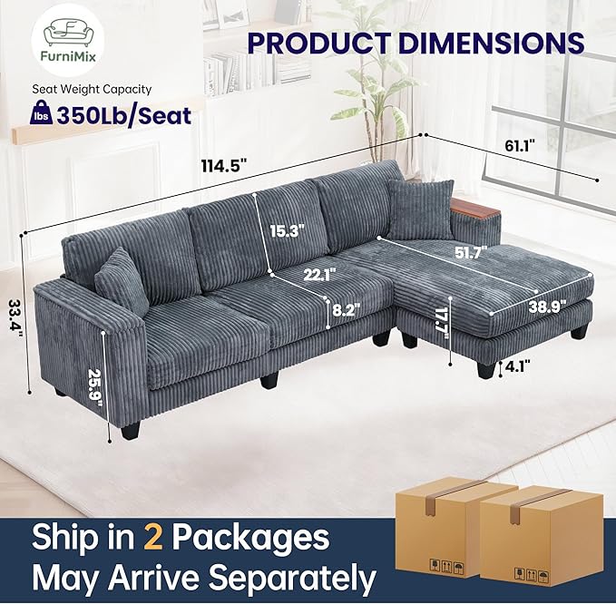 FurniMix 4-Seat Corduroy Sectional Sofa with Swappable Chaise, Soft Upholstery, Wide Seats & Armrest Storage,Gray