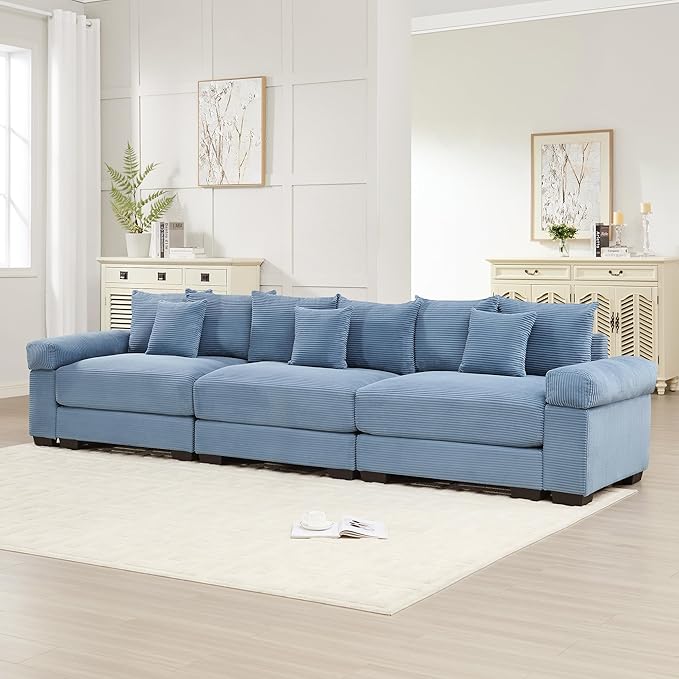 KEIKI 130" Oversized Corduroy Modular Cloud Sectional Sofa with High-Density Foam Cushions, Extra-Thick Armrest, Upholstered Modern 3-Seater Fluffy Corner Couch with 9 Pillow, for Living Room, Blue