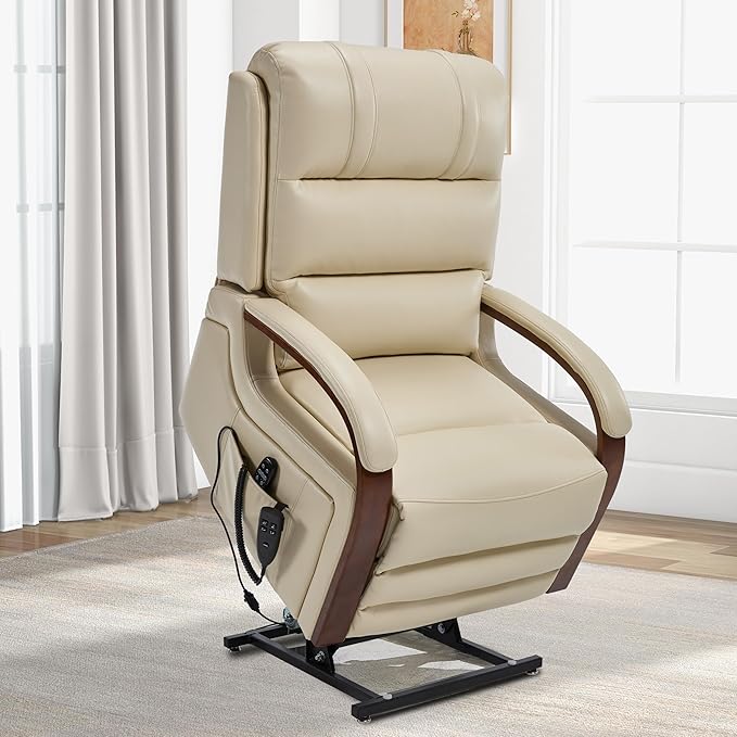 Dual Motor Power Lift Recliner Chair, Lay Flat Recliner, Lift Chair with Massage and Heat, Standing Assistance, Infinite Position Reclining, Living Room Chair (Faux Leather Beige)