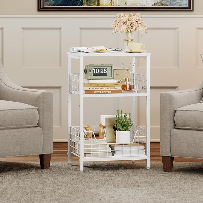 X-cosrack End Table, Small Side Table with Storage, 3-Tier Night Stand for Living Room, Bedroom, Small Spaces, White(Patent Pending)