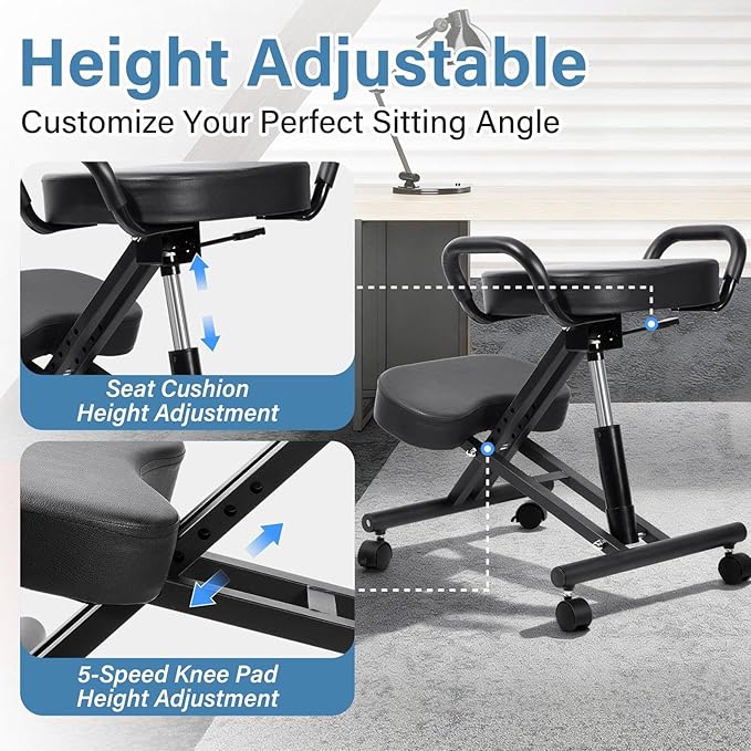 Ergonomic Kneeling Chair Height-Adjustable 22.4-26.3 in Postures Chairs with Lockable Wheels and Armrests Knee Chairs can Hold Up to 220 Lbs Kneeling Ergonomic Chair for Desk Home Meditation,Black