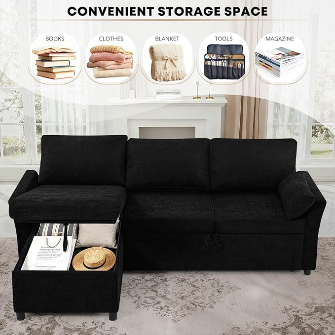 ACMEASE 83 Inches Fabric Sectional Sofa with Pull Out Sofa Bed, Modern L Shaped Sofa with Throw Pillows, Comfortable Sleeper Couch with Storage Chaise for Living Room, Black