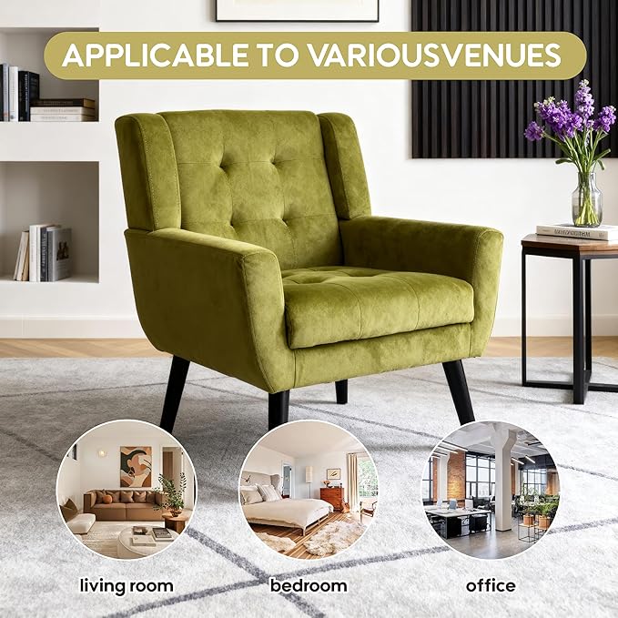 OO BY ORANGE ONLINE Velvet Accent Chair, Mid-Century Modern Tufted Armchair for Living Room, Bedroom & Office (Olive Green)