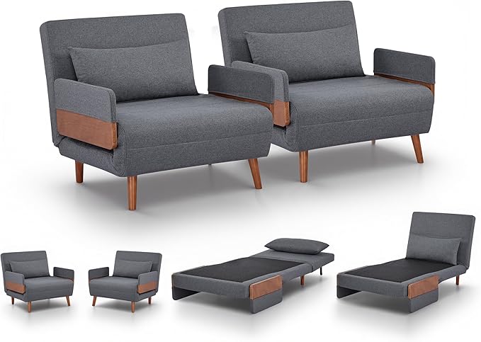 CITTANEO 2 Sets 34" Convertible Sleeper Chairs, 3-in-1 Chair Bed Sleeper for Adults with Adjustable Backrest, Pillows & Wooden Arms, 2 Piece Sofa Bed Sets for Living Room, Apartment, Office, Gray
