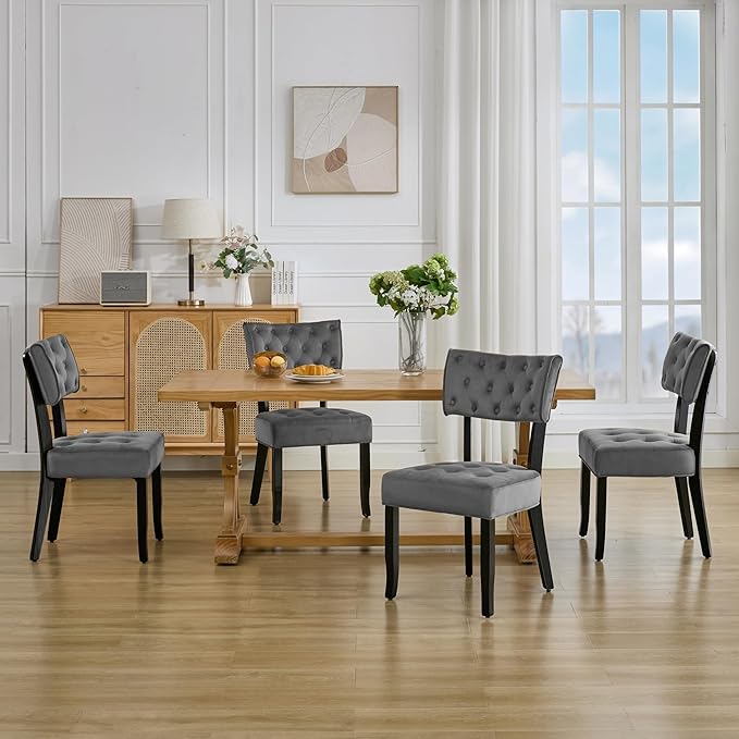 UVV Upholstered Dining Chairs Set of 2, Mid Century Modern Tufted Kitchen Chairs Dining Room Chairs, Velvet Dinner Chair with Wood Legs for Dining Room Kitchen, Dark Grey-Black Legs