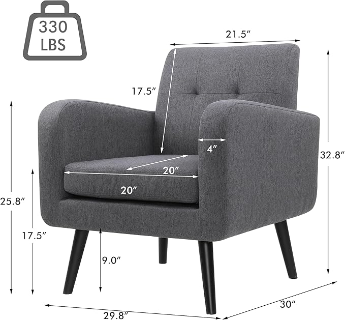 LSSPAID Modern Accent Chairs, Upholstered Fabric Cozy Armchairs, Living Room Side Chair with Solid Wood Legs, Gray