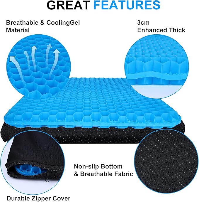 Yimiyaa Gel Seat Cushion, Double Thick Egg Gel Cushion for Pressure Pain Relief, Breathable Wheelchair Cushion Chair Pads for Car Seat Office Chair Blue
