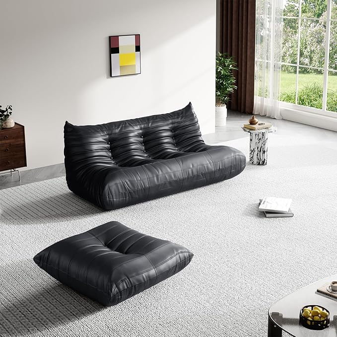 Foam Bean Bag Chairs for Adults,Big Faux Leather Bean Bag Lounger Couches, Modern Sofa,Floor Lazy Sponge Couch for Living Room Bedroom Dorm Office,Black