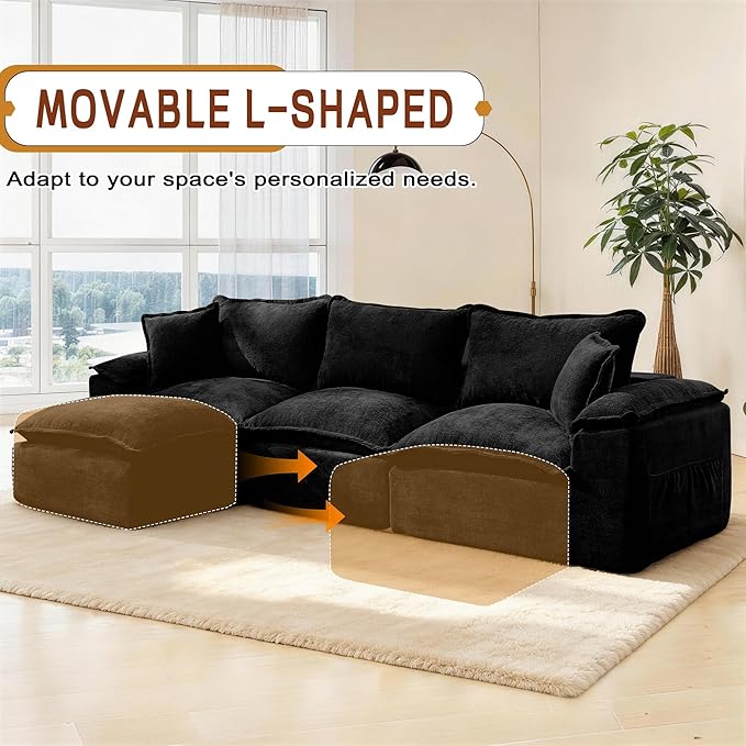 Korser 122" Sectional Couches for Living Room, Modular Boneless Sofa, Cloud Sofa, Fluffy Cushions, Double-Layer Cushioned, with Convertible Ottoman