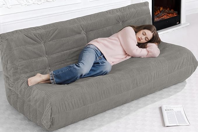 Bean Bag Chair,Giant Beanbag Chairs for Adults,Comfy Large Fireside Chair Lazy Sofa,Corduroy Bean Bag Lounger with Memory Foam Filled,Floor Sofa Couch for Living Room (Light Grey, 3-Seater)