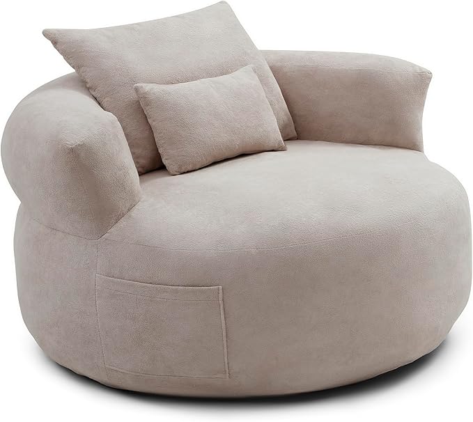 Round Boneless Cotton Linen Bean Bag Chair with Side Pocket - Compressed No Assembly Barrel Chaise Lounge, Soft Floor Sofa for Living Room & Bedroom (Khaki)