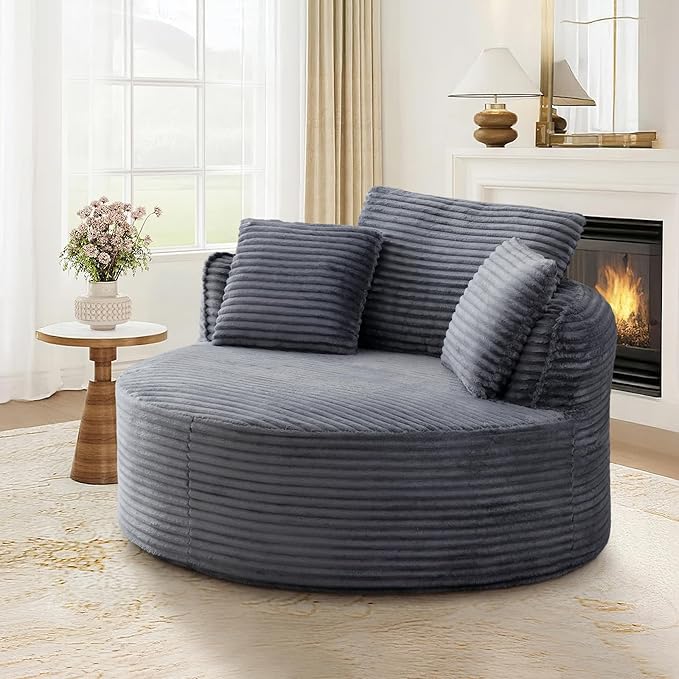53"W Oversized Round Chaise Longue Chair Indoor,Corduroy Fluffy Comfy Cloud Chair,Circle Bean Bag Sofa with Foam Filling & Pillows,Boneless Reading Cozy Sofa Chairs for Living Room,Bedroom,Grey