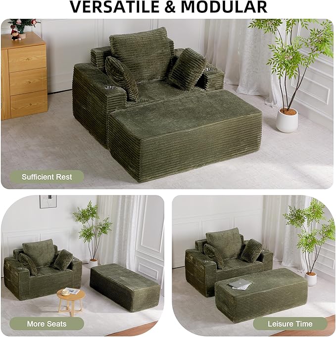 54" W Oversized Chaise Lounge Chair Indoor, Boneless Chaise Lounge Couch, Convertible Comfy Reading Chairs, Corduroy Sleeper Couch Chair for Living Room, Compression Sofa with Ottoman, Green