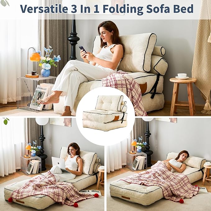 Fareforth Convertible Folding Sofa Bed, Sleeper Couch with Pillows Foldable Floor Chair with Back Support, Lounge Sofa for Living Room, Single, Beige