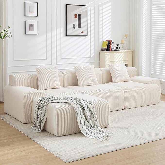 118" Modern L-Shaped Modular Sectional Sofa, Boneless Modular Couches for Living Room, Corduroy Upholstered Sofa with Deep Seat, Oversized 3-Seater Cloud Sectional Couch, No Assembly, Beige