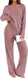Ekouaer Lounge Sets for Women Long Sleeve Knit Ribbed Pajama Sets 2 Piece Casual Loungewear with Pockets