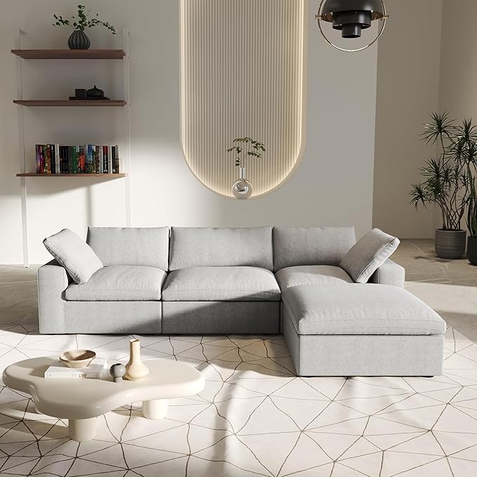 L-Shaped Cloud Sectional Couch, Light Grey Modular Sectional Sofa, Modern Comfy Cloud Sofa with Storage Ottoman, Covers Removable, Convertible Sleeper Couch for Living Room Apartment (Linen Fabric)