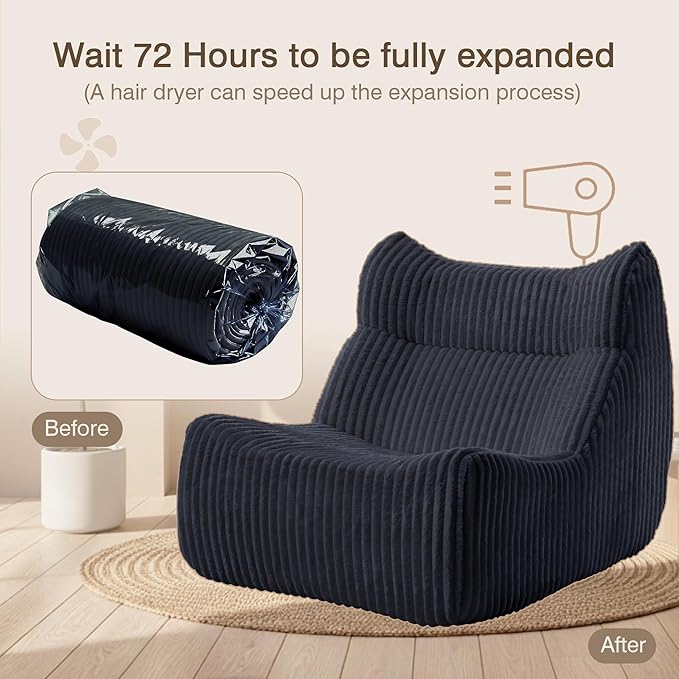 Big Bean Bag Chairs, Lazy Floor Sofa, Fireside Chair for Living Room, Bedroom, Office (Black, Single Seat)