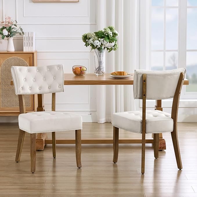 UVV Upholstered Dining Chairs Set of 2, Mid Century Modern Tufted Kitchen Chairs Dining Room Chairs, Velvet Dinner Chair with Wood Legs for Dining Room Kitchen, Beige
