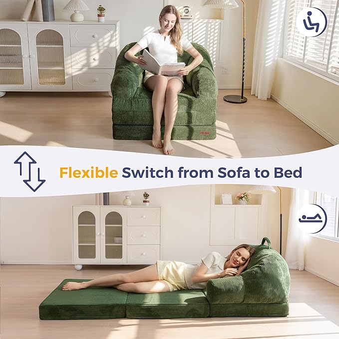 MAXYOYO Folding Sofa Bed with Backrest, Boneless Fold Out Couch Bed with Handle, 2 in 1 Convertible Bean Bag Chair to Floor Sofa Lounger, Comfy Folding Couch for Bedroom & Living Room, Dark Green
