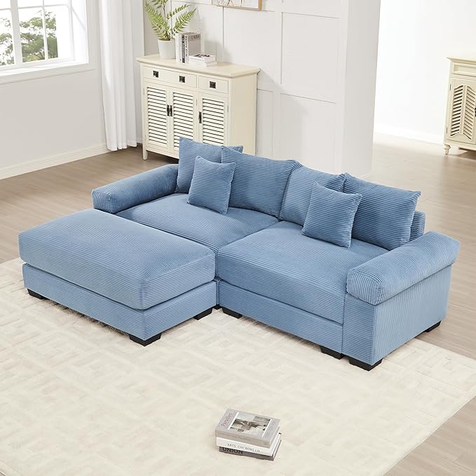 KEIKI 83" L-Shaped Oversized Corduroy Modular Sectional Loveseat Sofa with 1 Ottoman, High-Density Foam Cushion, Extra-Thick Armrest, 2-Seater Fluffy Corner Couch with 6 Pillow, for Living Room, Blue