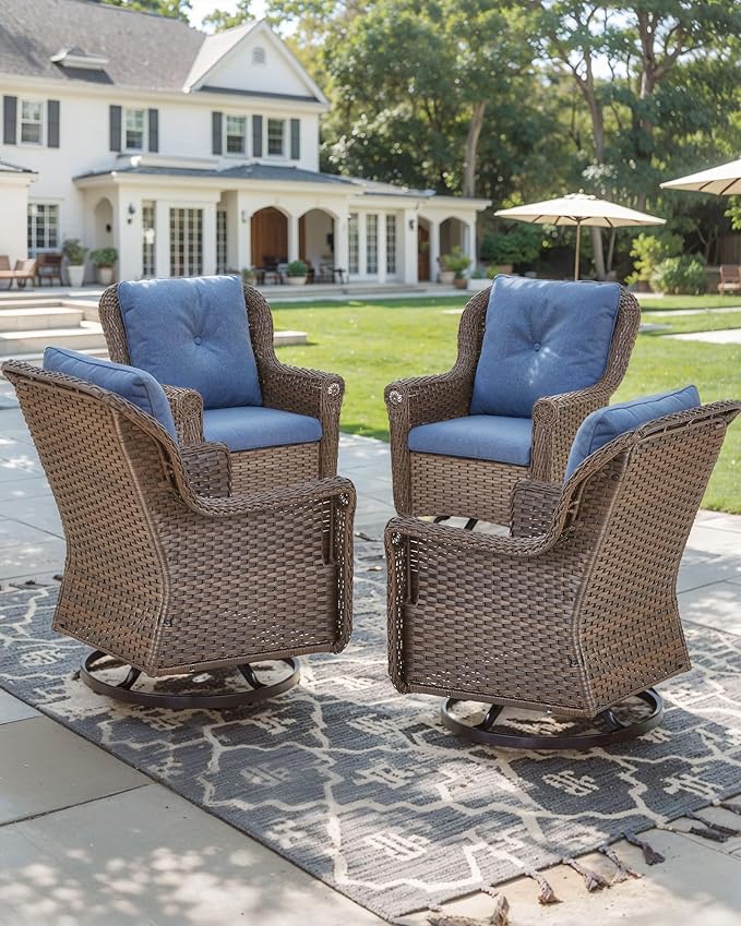ACTREST Patio Chairs Outdoor Swivel Glider - Set of 4 High Back Outside Brown Wicker Rattan Rocking Chair with Thick Cushion for Porch Apartment Deck Yard Poolside Garden - Navy Blue
