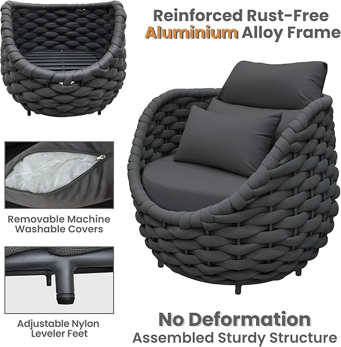 Erotr Aluminum Outdoor Patio Couch Set: 5 Pieces Woven Rope Porch Furniture Sofa Set - Metal Modern Deck Conversation Set - All Weather Assembled Courtyard Seating for Backyard Hotel Resort, Dark Grey