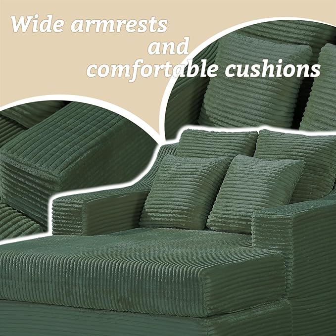 47" Boneless Chaise Lounge Chair Indoor,No Assembly Single Sleeper Upholstered Boneless Couch with 4 Pillows,Comfy Pet Friendly High Weight Capacity Foam for Bedroom,Living Room,Study Room,Green