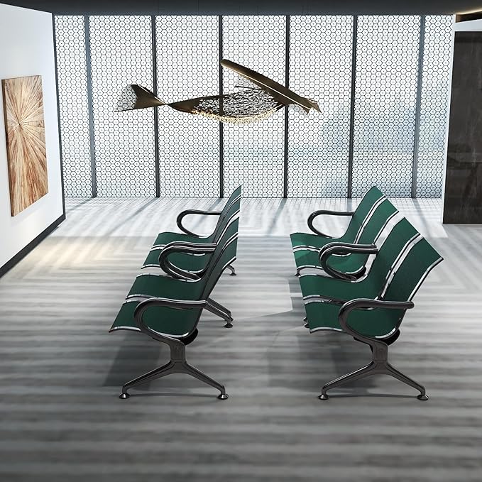 Kinfant 2-Seat Waiting Room Chair - Office Guest Reception Chairs with Ergonomic Backrests, Airport Waiting Bench with Armrests, Metal Waiting Furniture for Hospital, Bank (Dark Green, Set of 4)