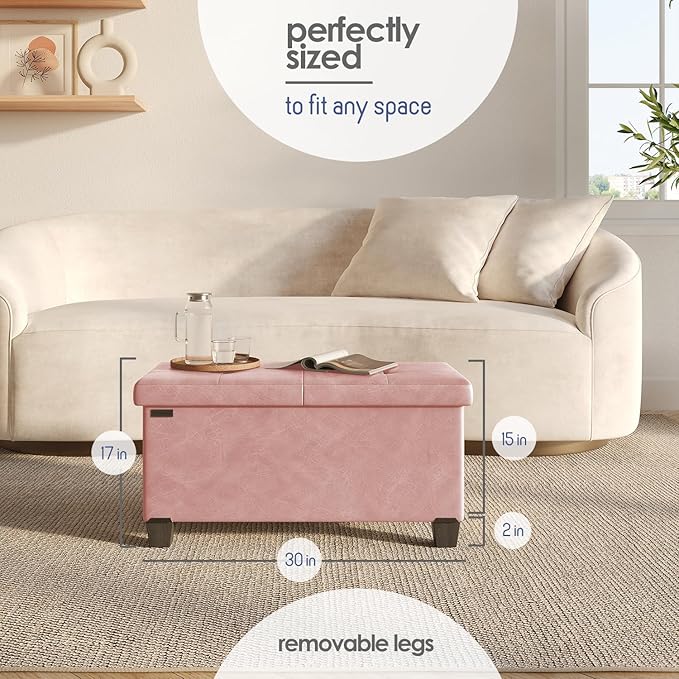 Storage Ottoman Bench with Bins, 30-in Storage Bench for Bedroom End of Bed, Folding Foot Rest Ottoman for Living Room Max 660lbs, Faux Leather Ottomans, Pink