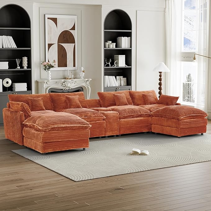 HYJT-H&K 145" U Shaped Cloud Couch Modular Orange Sectional Couches for Living Room, Comfy Fluffy Corduroy Oversized Cloud Sectional Couch Large 6 Seat Sectionals Sofa Set Central Console USB Port