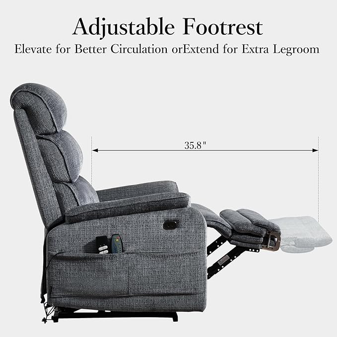 Oversized Power Lift Recliner Chair, Big Tall Man Lay Flat Ergonomic Lounge with Extended Footrest for Elderly People, Single Sofa Heat & Massage. Home Theater Seat, USB&Type-C Port (Chenille, Grey)