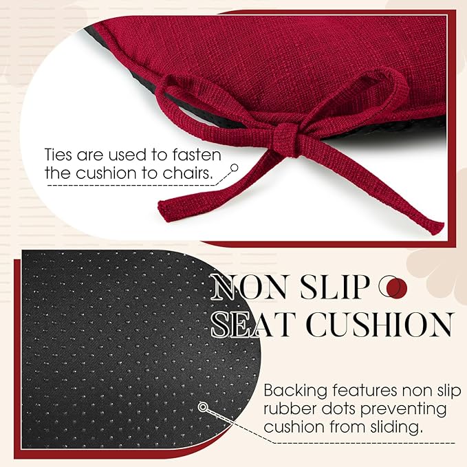 Basic Beyond Chair Cushions for Dining Chairs 6 Pack, Chair Cushion with Ties and Non Slip Backing, 15.5 x 15.5 inches Tufted Chair Pads for Dining Chairs, Red