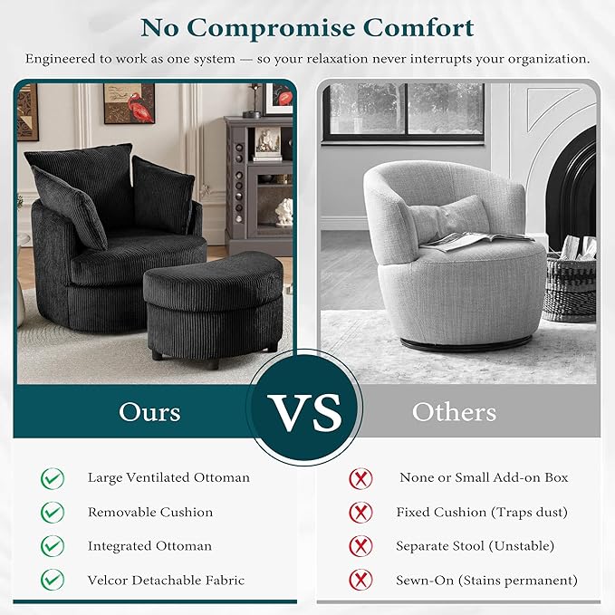 Chorlenimi Swivel Accent Chair Round Barrel Armchair Upholstered Living Room Chair Corduroy Reading Chair Single Sofa Chair for Bedroom Apartment Office (Black, Upgrade 1Seater+ Ottoman)