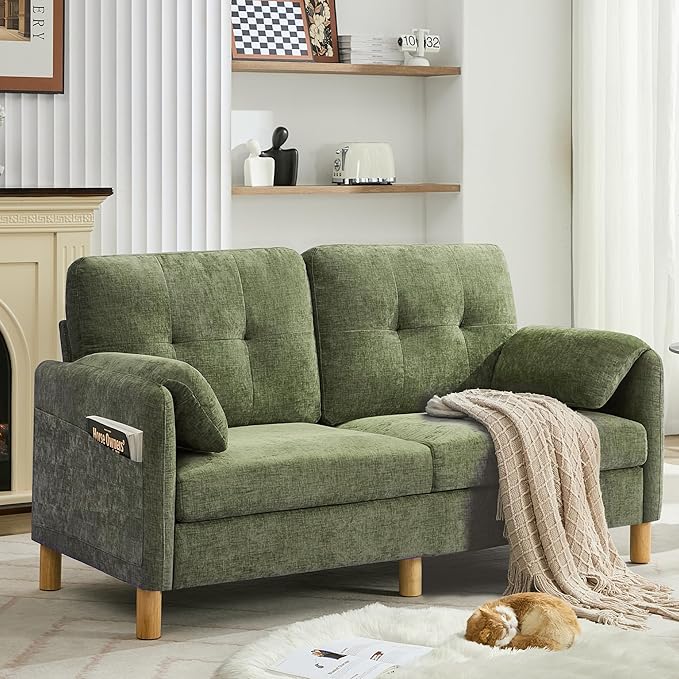 WUTUTUEE 65" Chenille Loveseat Sofa, Modern 2-Seater Love Seat Couch with Armrest Pillows, Storage Pockets, Easy Assembly, Upholstered Tufted Loveseat Couches for Living Room Bedroom, Green