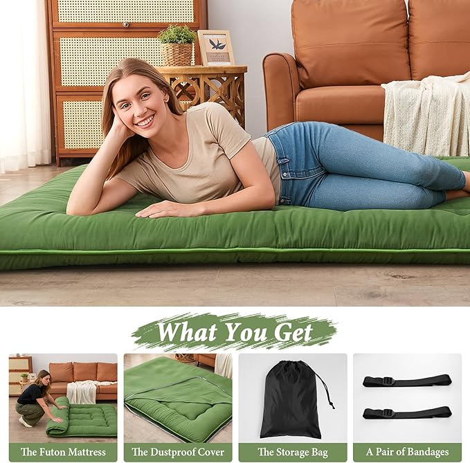 DAICO Japanese Floor Mattress, 4'' Thicken Futon Mattress Tatami Mat, Sleeping Pad Foldable Roll Up Mat for Camping and Guest Room, Twin Size 39''*80'', Green