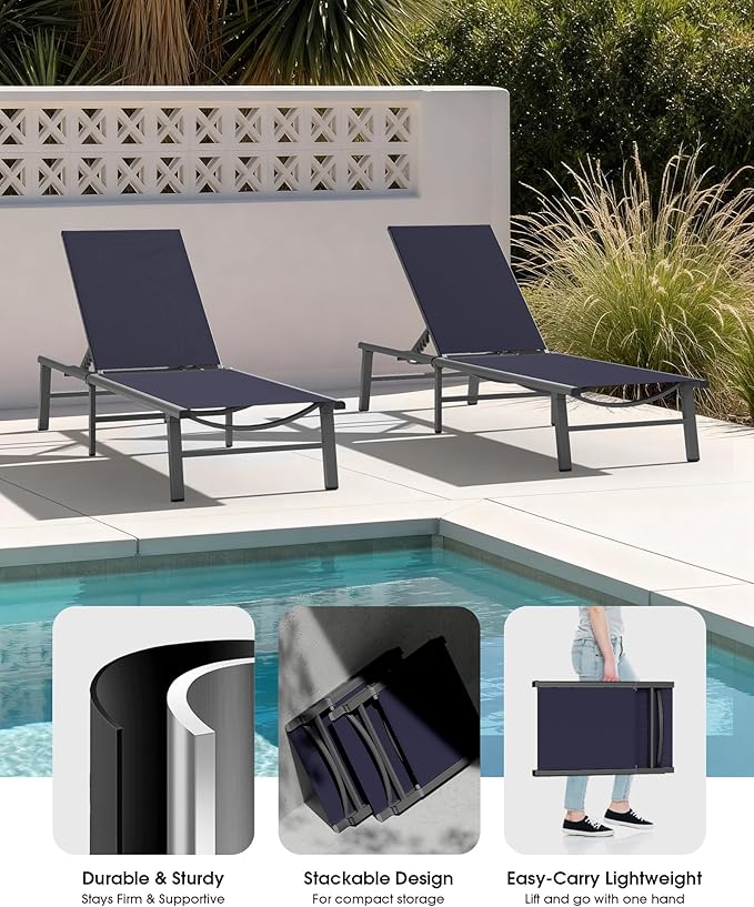 Ciokea Aluminum Outdoor Lounge Chair Set of 2- No Assembly Needed, Foldable Patio Chaise Lounge with 5 Adjustable Positions, Reinforced Frame for Extra Durability, Pool Beach Lounge Chair,Navy Blue