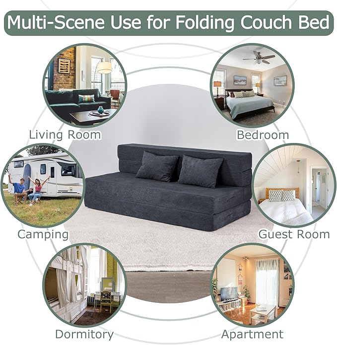 HILERO Folding Sofa Bed, 4 in 1 Convertible Sleeper Chair with Pillow, Queen Memory Foam Fold Out Chair Bed, Modern Floor Futon Sofa Couch Mattress for Living Room/Guest/Apartment, Dark Grey