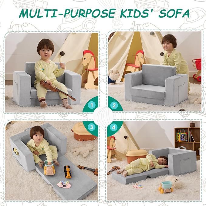 Kids Couch, 2-in-1 Toddler Chair Comfy 1-3 Years Old, Convertible Kids Chair, Toddler Couch Sofa, Kid Sofa to Lounge Bed for Boys and Girls, Soft Coral Fleece, Grey