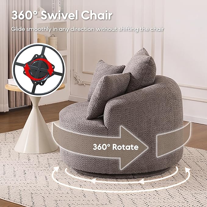 Yoglad 38.58'' Swivel Round Chair, Comfy Boucle 360° Accent Chair with Thick Cushion, Oversized Modern Single Sofa with 3 Pillows, Soft Armchair for Nursery, Living Room, Bedroom, Office (Grey)