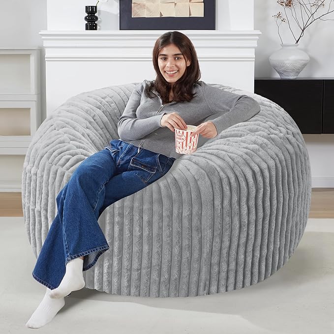 Homguava 3 FT Bean Bag Chair,3' Big Bean Bag,Large Bean Bag Chairs for Adults with Memory Foam Filled,Comfy Beanbag Chairs Soft Bean Bag Sofa with Dutch Corded Plush Cover-Light Grey