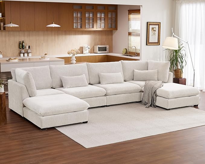 Oversized Modular Sofa, Extra Deep Cloud Chenille Sectional Couch with Ottoman Chaise, Fluffy Chenille 6 Seat U-Shaped Sofa for Living Room, Villa (U Shape 6 Seater, Chenille White)