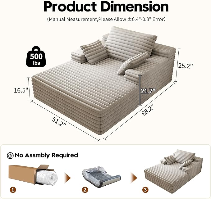 Oversized Chaise Lounge Chair Indoor,51" W Upholstered Sofa Bed,No Assembly Required,Fluffy Plush Modern Single Sleeper Couch Reading Chairs Corduroy Cloud Sofas Couches for Living Room, Bedroom,Grey